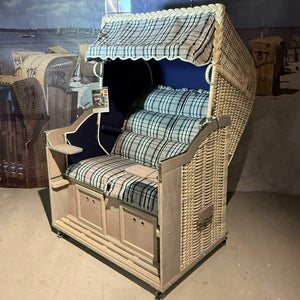 Strandkorb Sonnenpartner Modell Classic PE antik-weiß, Holz silber-grau lasiert, Dessin taupe-blau 702