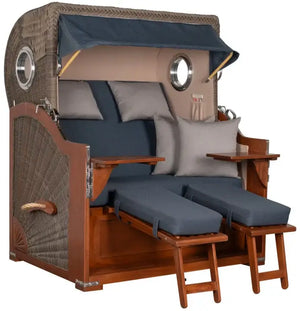 Strandkorb Baltikum Bullaugen Mahagoni Geflecht PE grey 2,5 Sitzer XL Dessin 593