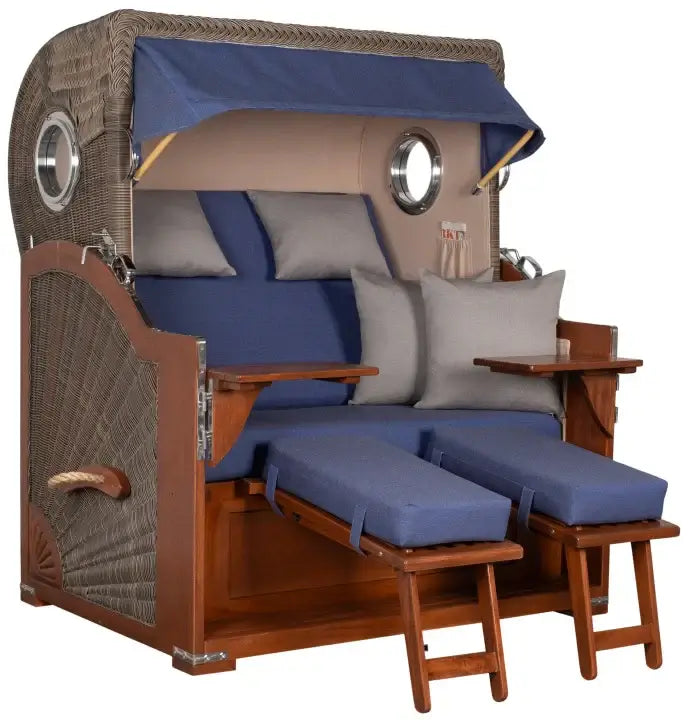 Strandkorb Baltikum Bullaugen Mahagoni Geflecht PE grey 2,5 Sitzer XL Dessin 595