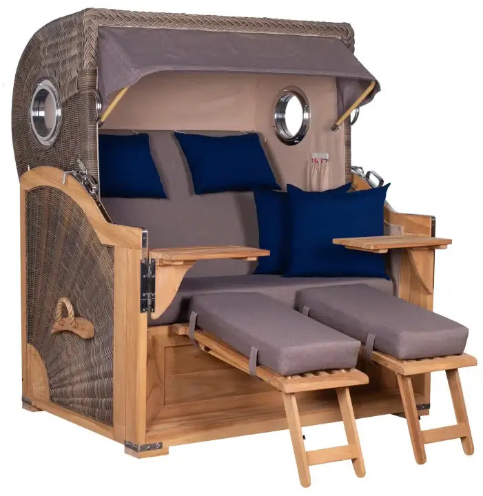 Strandkorb Baltikum Bullaugen Teak Geflecht PE grey 2,5-Sitzer XL Dessin 589