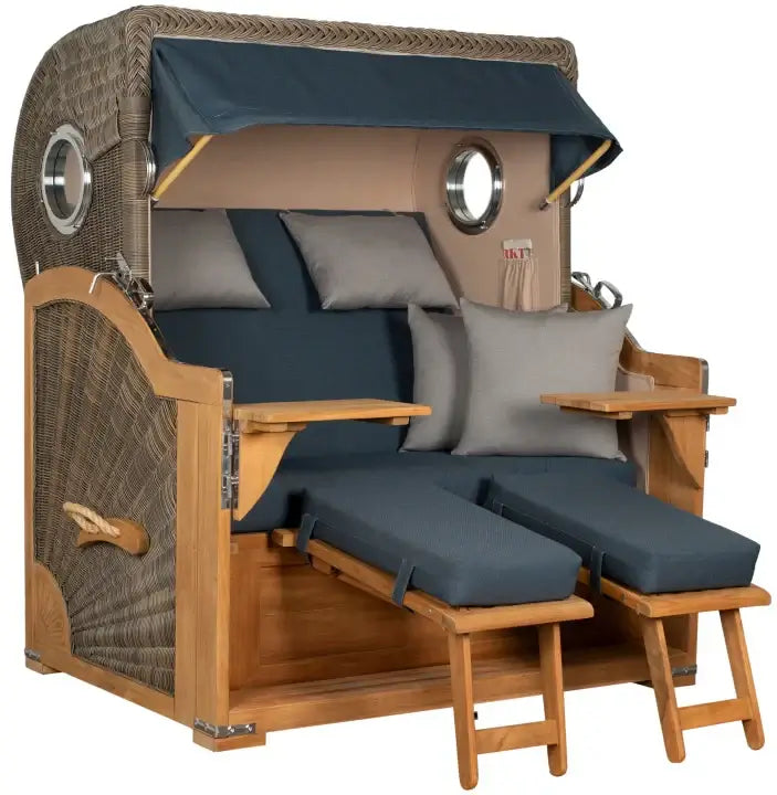 Strandkorb Baltikum Bullaugen Teak Geflecht PE grey 2,5-Sitzer XL Dessin 593