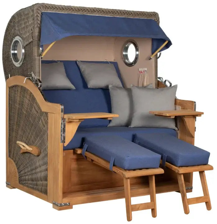 Strandkorb Baltikum Bullaugen Teak Geflecht PE grey 2,5-Sitzer XL Dessin 595