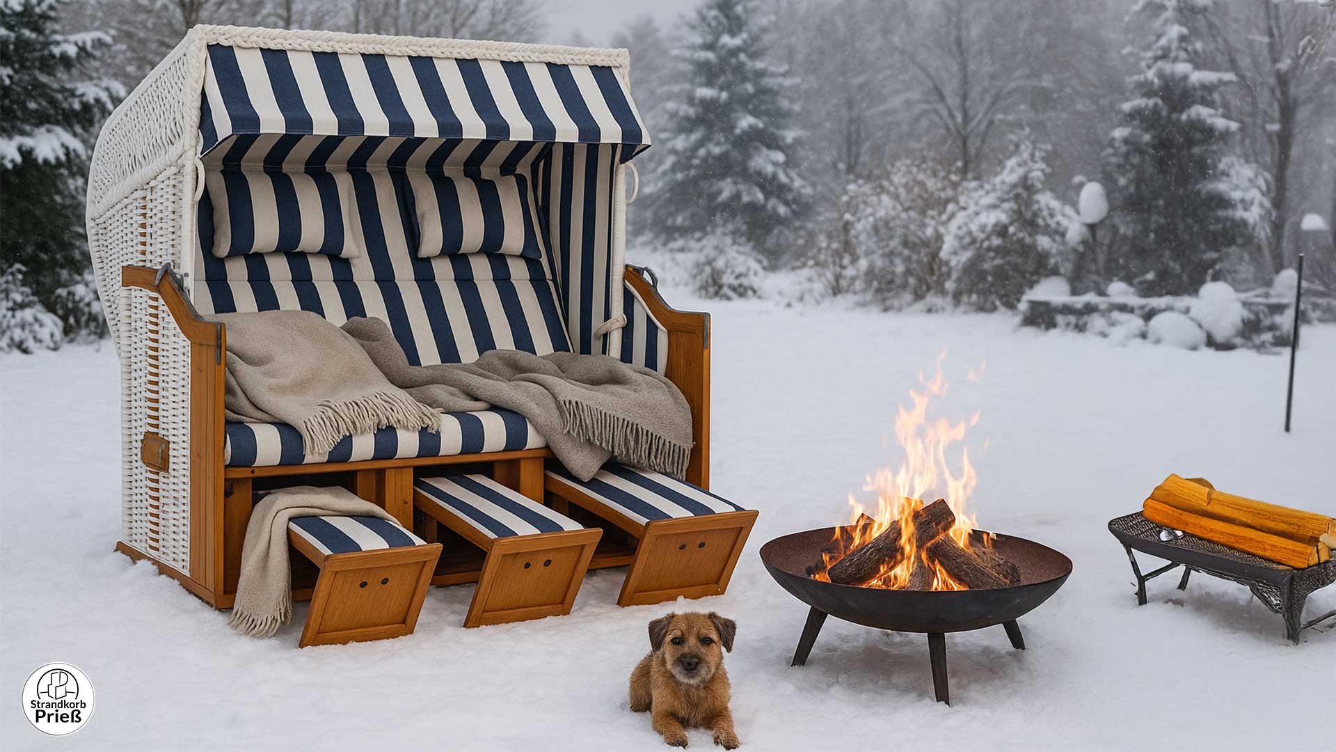 Strandkorb Classic blau weiß im Winter mit Hund und Lagerfeuer
