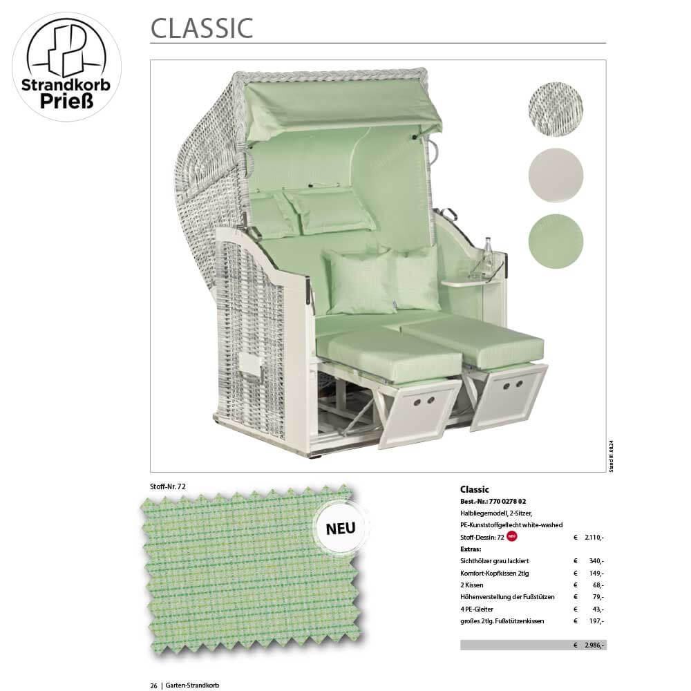 2025-4 Strandkorb Sonnenpartner Modell Classic Holz weiss lackiert Geflecht white-washed Dessin 72 grün - Strandkorb Prieß