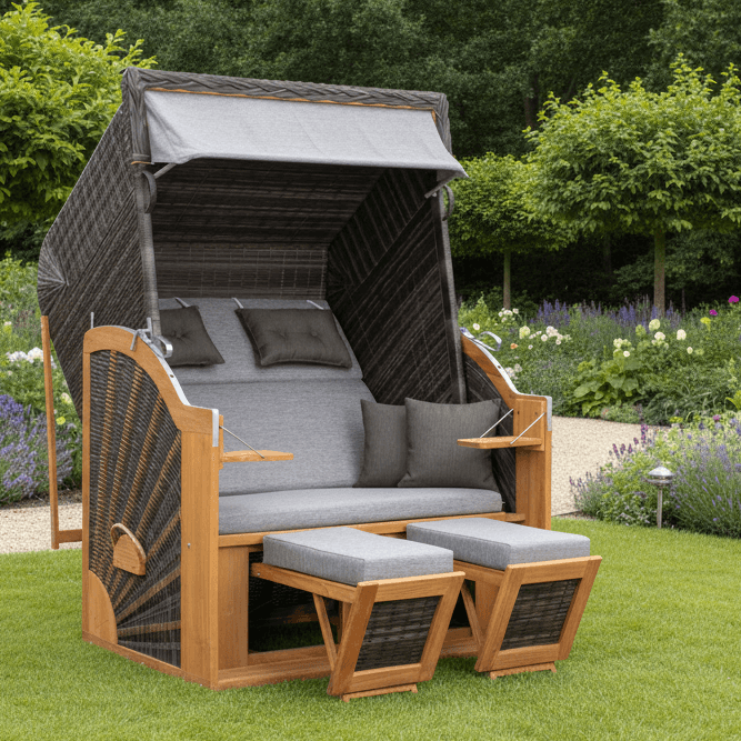 Strandkorb Trendy PURE Classic XL SUN Teak stone grey Dessin 466 im Garten mit Fußstützen und Polstern