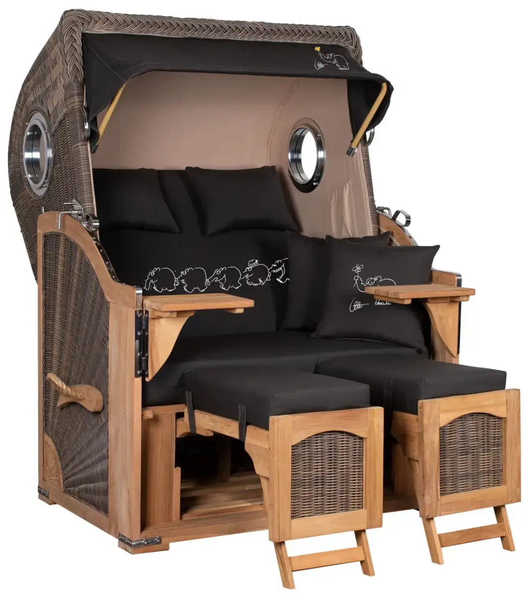 Strandkorb Mr. Deko Skyline Düne Bullaugen Teak PE grey 2-Sitzer Dessin Ottifant