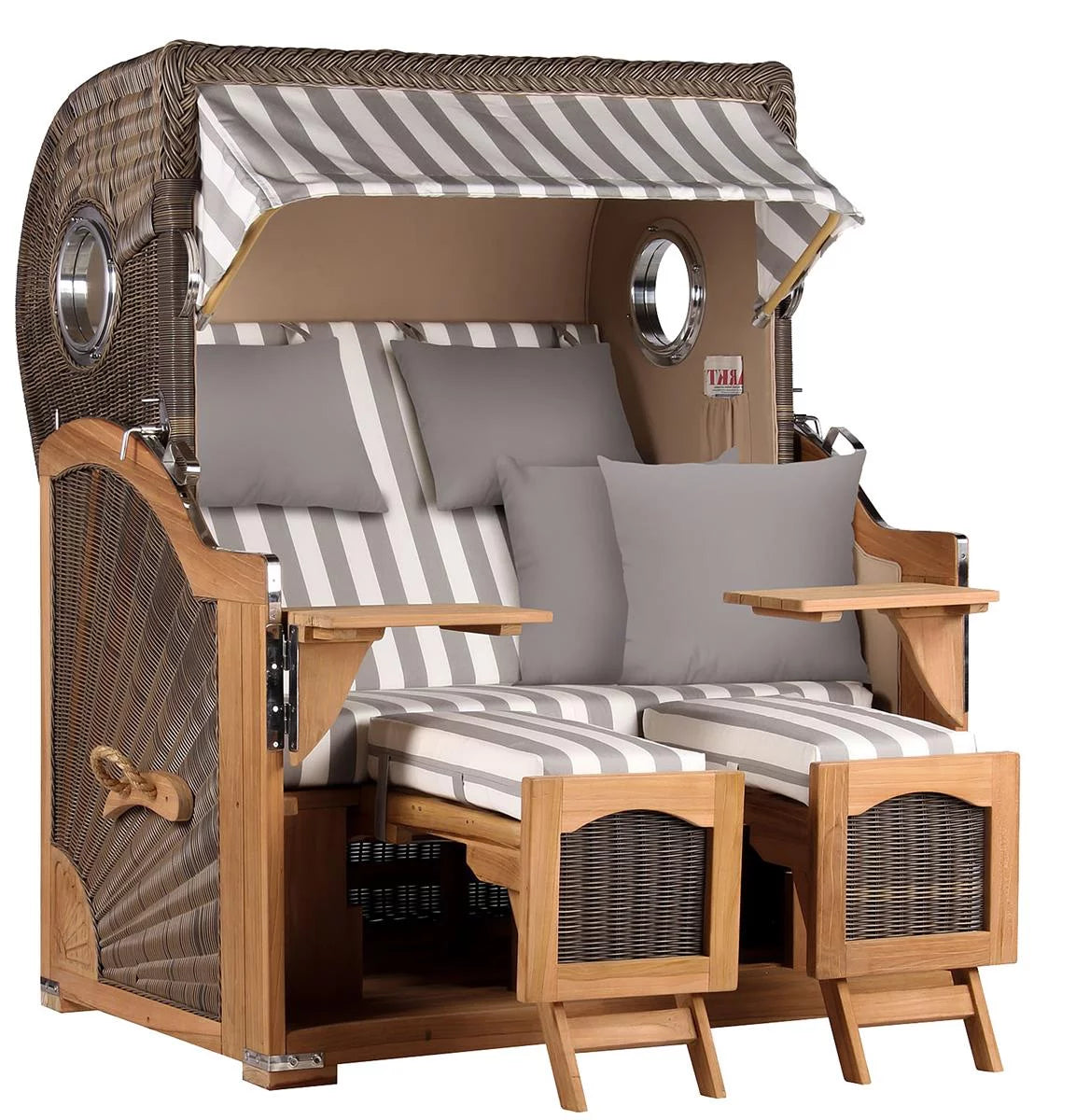 Strandkorb Mr. Deko Düne Bullaugen Teak PE grey 2-Sitzer Dessin 513 grau weiss