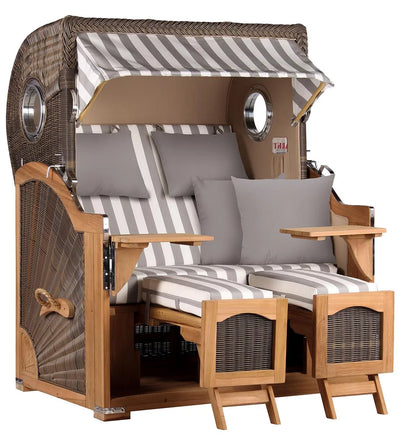 Strandkorb Mr. Deko Düne Bullaugen Teak PE grey 2-Sitzer Dessin 513 grau weiss