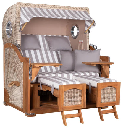 Strandkorb Mr. Deko Düne Grande 2,5 Sitzer Bullaugen Teak PE shell Dessin 513 grau weiss
