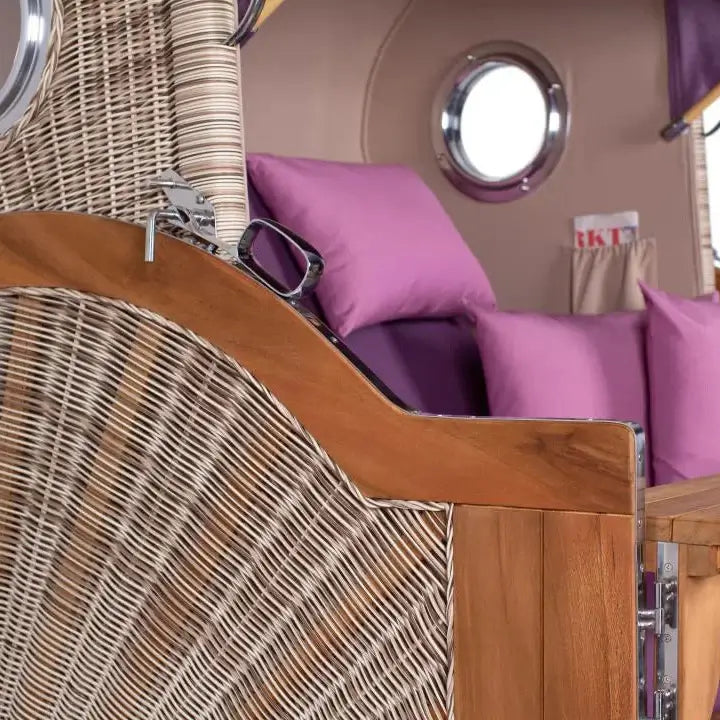 Strandkorb Düne Grande mit einem pinken rosa Dessin, Detail Seitenteil