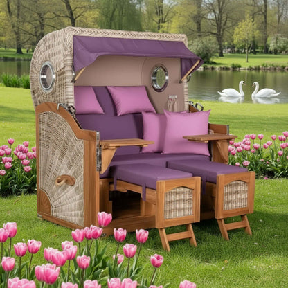 Strandkorb Düne Grande mit einem pinken rosa Dessin im Garten stehend