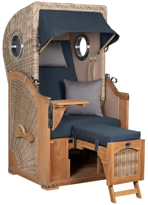 Strandkorb Mr. Deko Düne Bullaugen Teak PE-shell 1-Sitzer Dessin 593