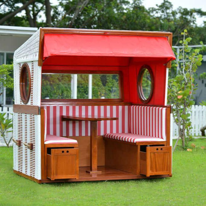Strandkorb 6-Sitzer Gosch Lounge PVC weiss Des. rot weiss - Version 2025 - Strandkorb Fachhandel Prieß