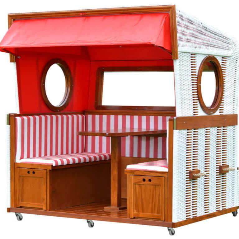 Strandkorb 6-Sitzer Gosch Lounge PVC weiss Des. rot weiss - Version 2025 - Strandkorb Fachhandel Prieß