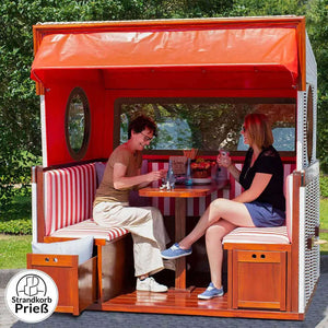 Strandkorb 6-Sitzer Gosch Lounge PVC weiss Des. rot weiss - Version 2025 - Strandkorb Fachhandel Prieß