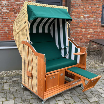 Strandkorb Sonnenpartner Modell Classic PE Naturoptik, Holz lasiert, Dessin uni grün 704 Seiten 50