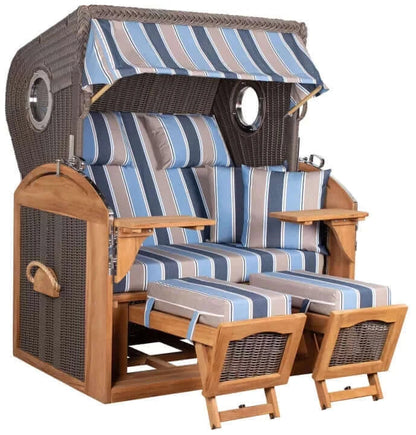 Strandkorb Mr. Deko Schillig Bullaugen Teak PE Grey 2,5-Sitzer XL Dessin 580 - Strandkorb Fachhandel Prieß