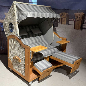 Komplettpaket A105 Strandkorb Prieß Modell Meister Holz Iroko, PE Geflecht anthrazit, wie abgebildet, 150 cm