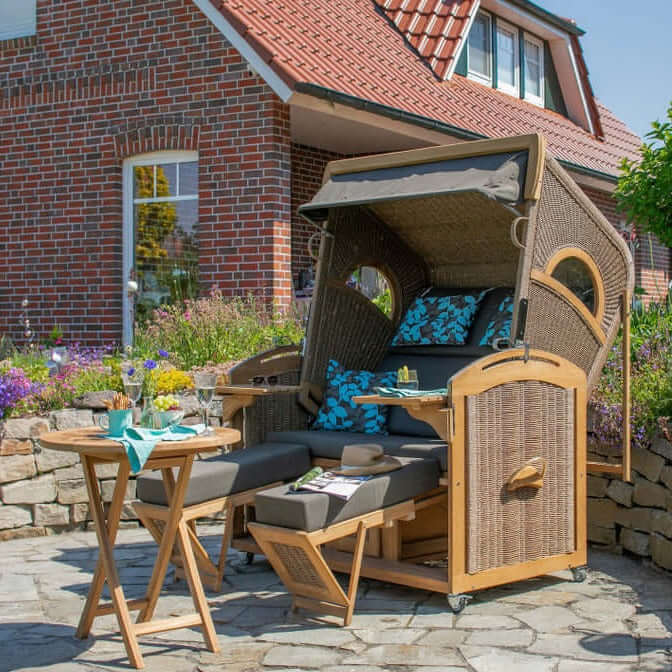 Strandkorb Trendy PURE Madura XXL Bullaugen Teakholz PE-Geflecht twisted hyacinth Des. 469 - Strandkorb Fachhandel Prieß