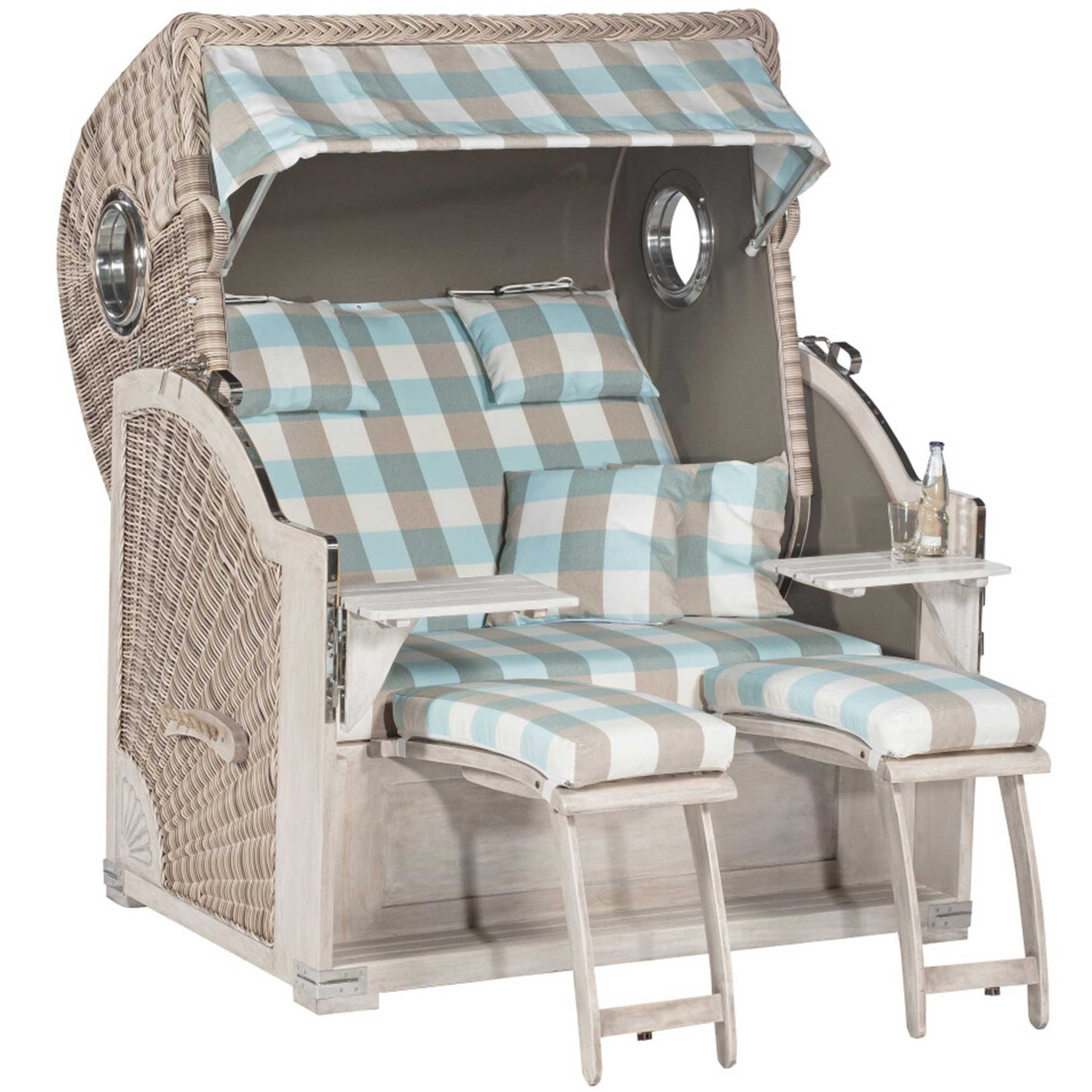 Strandkorb SunnySmart Rustikal 500 Plus Comfort, mit Bullaugen, Mahagoni-Holz smoke-white, PE-Geflecht antik-weiß, Dessin 1212