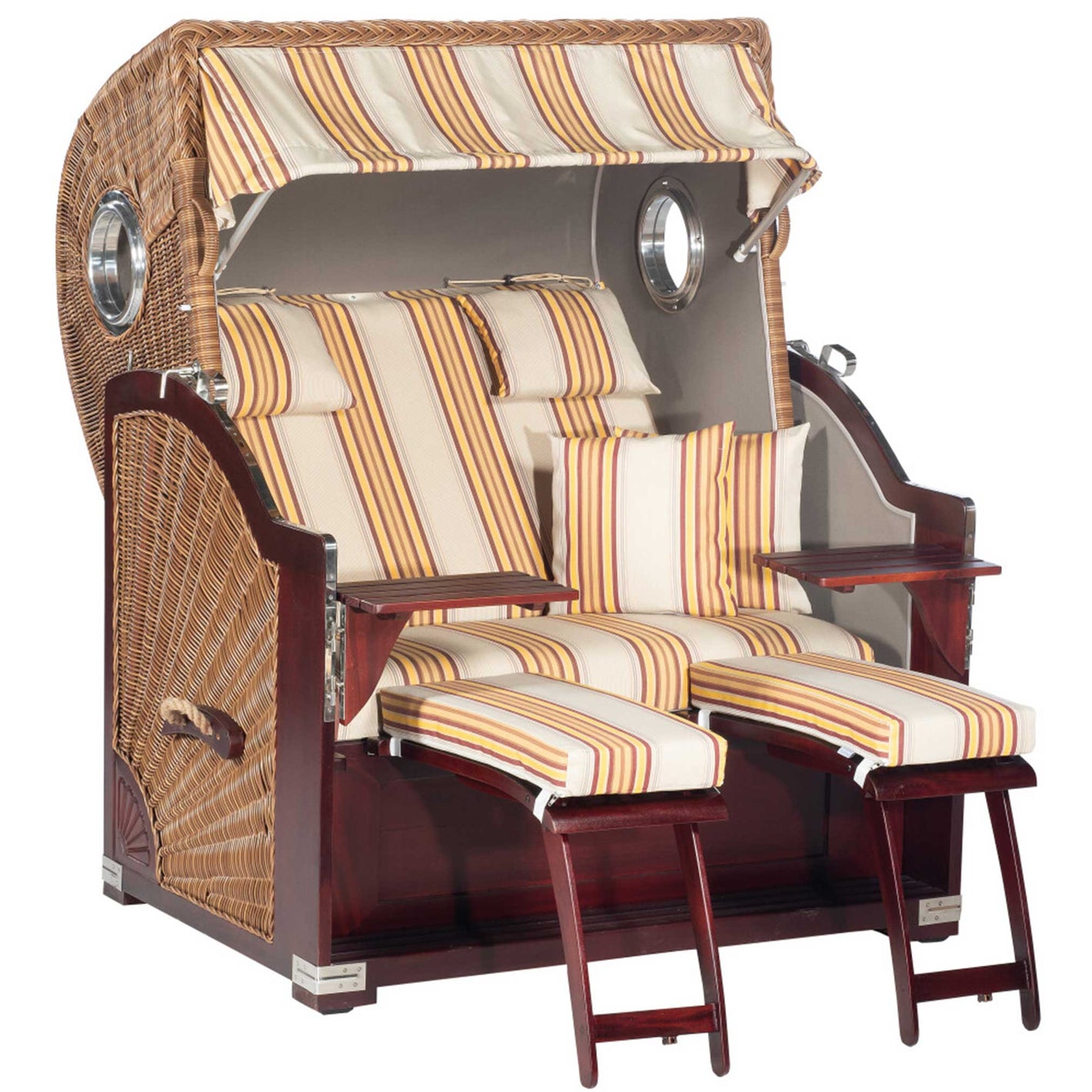 Strandkorb SunnySmart Rustikal 500 PLUS Comfort, mit Bullaugen, Mahagoni-Holz, PE-Geflecht natura-braun, Dessin 1259